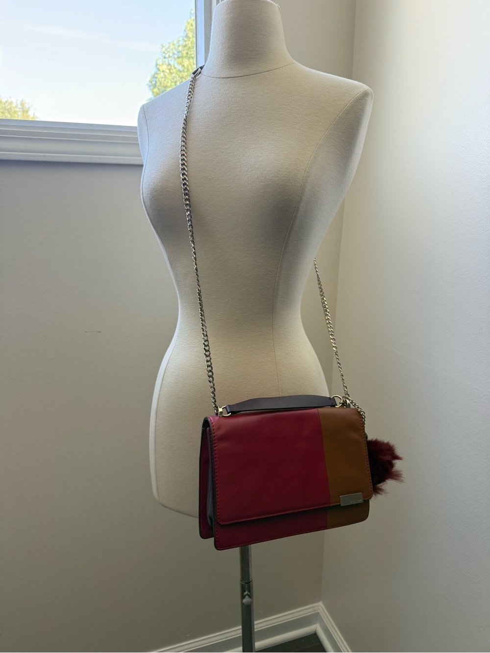 Trina Turk red tan colorblock leather crossbody purse